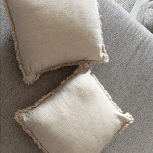 Neutral Fringe Square Throw Pillows - Cream Linen Look
